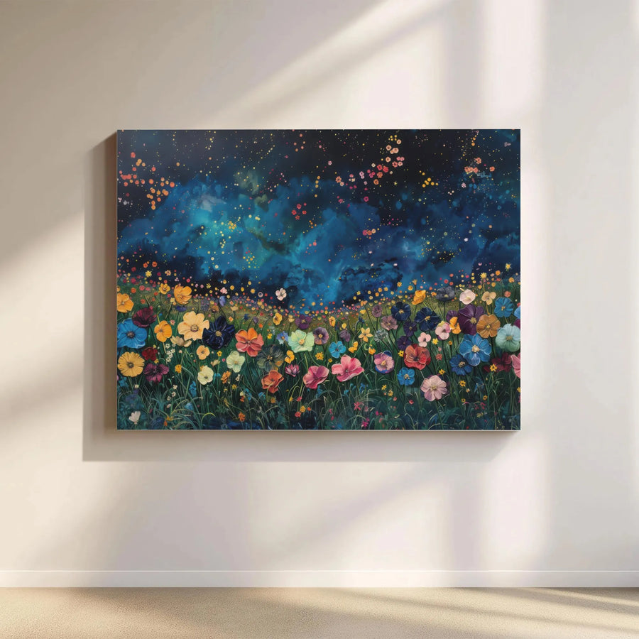 Wildflower Field Canvas Art | Celestial Starry Night Landscape | Premium Gallery Wrapped Print | Nature Home Decor Gift for Wall