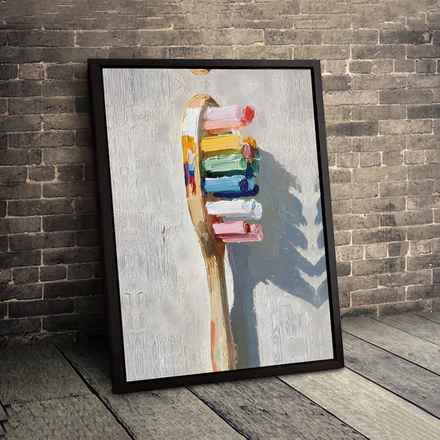 Toothbrush Wall Art | Abstract Impasto Oil Painting Style | Premium 1.25-Inch Gallery Wrapped Canvas | Colorful Bathroom Decor Gift