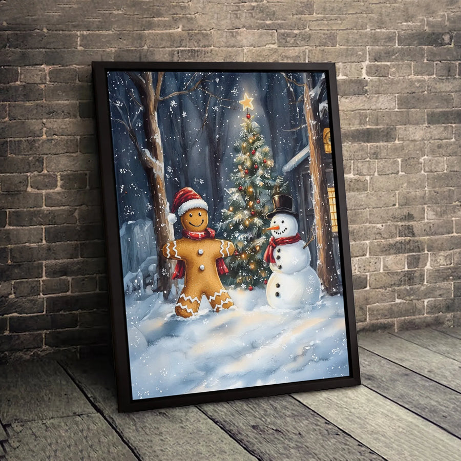Christmas Wall Art Canvas | Gingerbread Man And Snowman Watercolor Print | Premium Gallery-Wrapped Holiday Decor | Festive Winter Home Gift