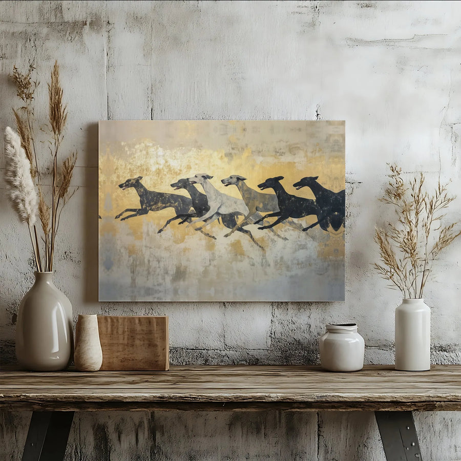 Running Greyhound Canvas Wall Art | Abstract Gold Leaf Silhouette Decor | Premium Gallery Wrap Print | Modern Living Room Gift for Dog Lovers