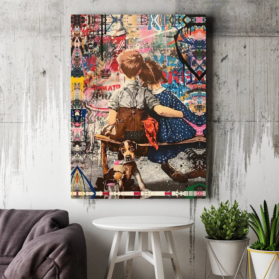 Graffiti Street Art Canvas | Boy Girl Embracing with Dog Print | Gallery-Quality 1.25" Profile | Modern Urban Home Decor Gift