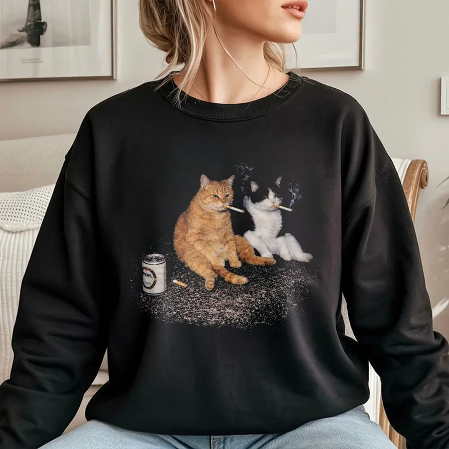 Vintage Smoking Cats Sweatshirt | Funny Kitten Retro Streetwear Graphic | Premium Cotton Blend | Unisex Funny Cat Lover Gift
