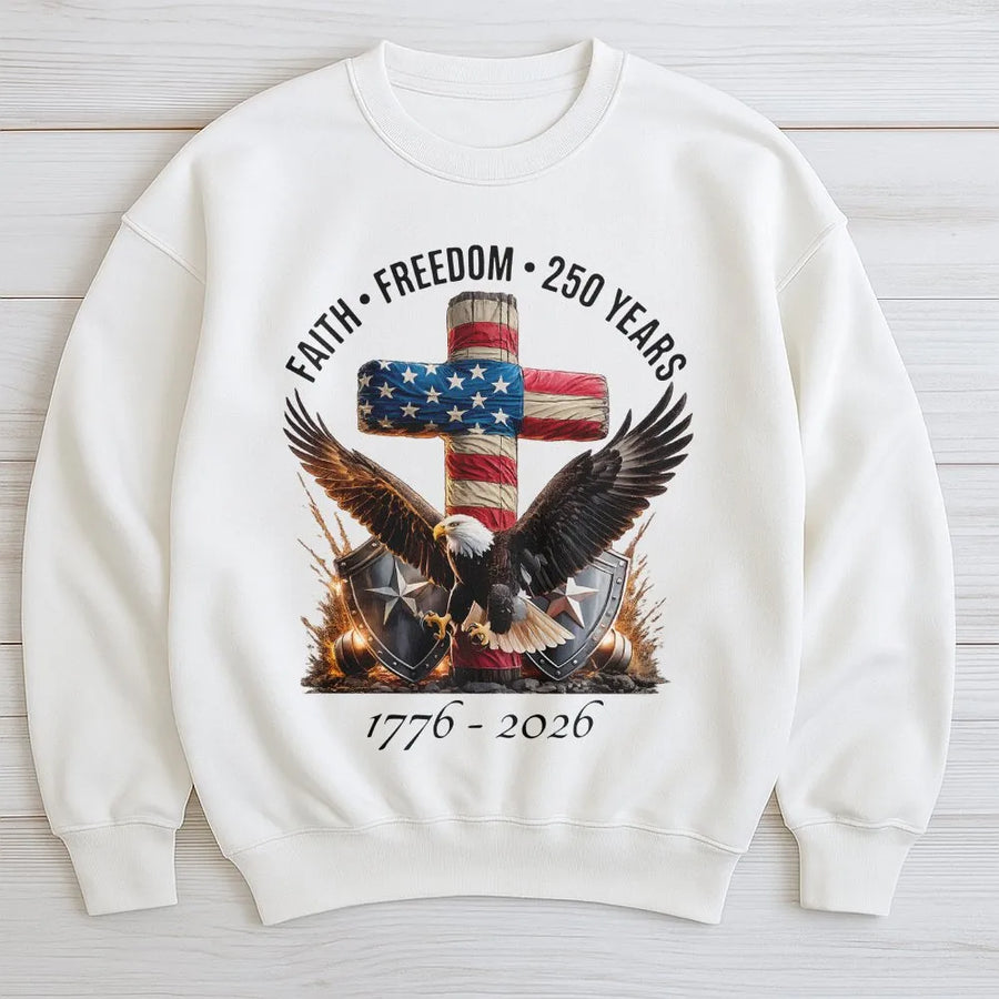 250th Anniversary Sweatshirt | 1776-2026 Faith Freedom American Flag Cross | Premium Cotton Tee | Commemorative Patriot Gift