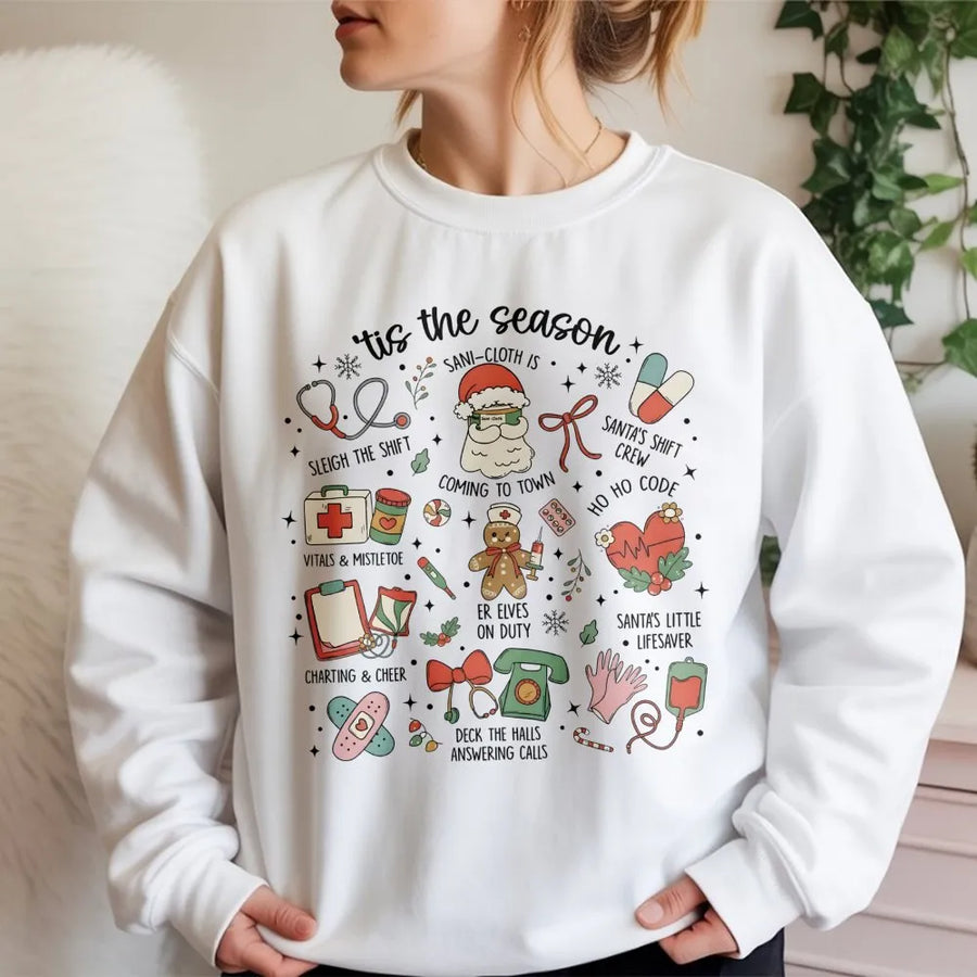 Nurse Christmas Sweatshirt | Funny Medical Holiday Doodle Design | Soft Cotton Blend Crewneck | Festive Healthcare Worker Gift For Nurses