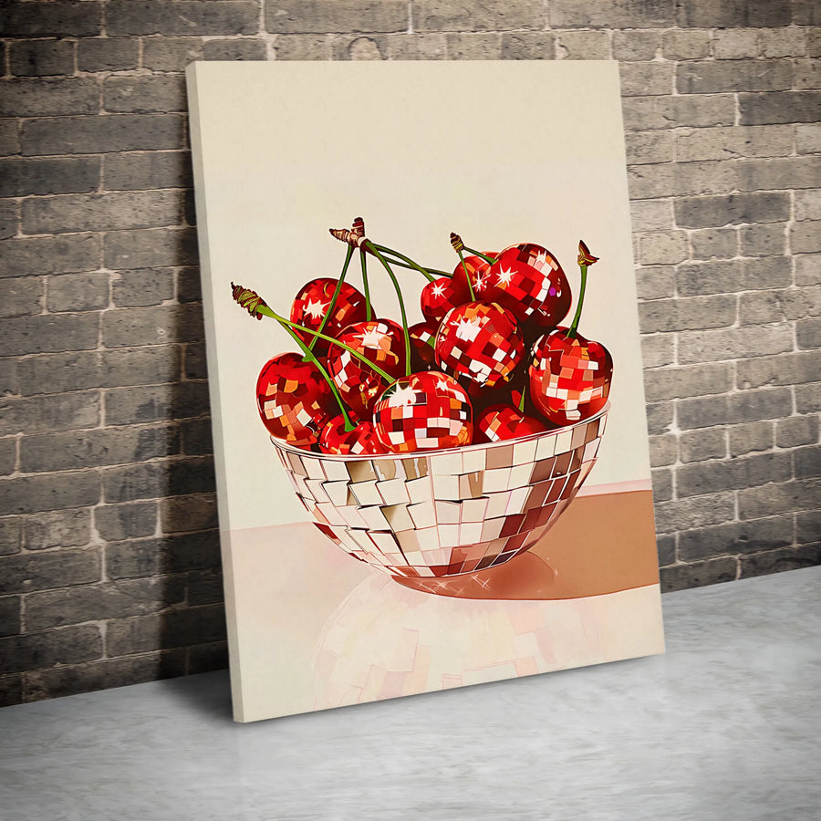 Disco Ball Cherry Vertical Canvas | Pop Art Still Life Print | Premium High-Resolution Print | Modern Kitchen Decor Gift
