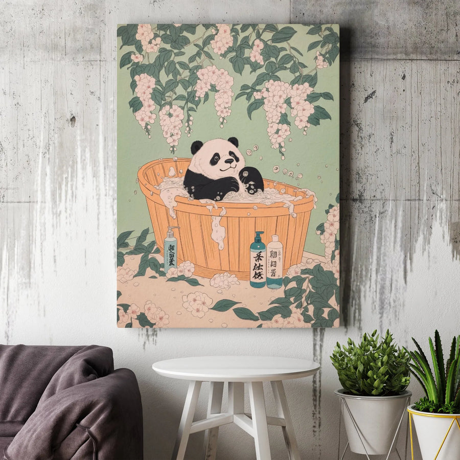 Japanese Ukiyo-E Panda Canvas Art | Cute Animal Bathing in Cherry Blossoms | Premium 1.25-Inch Gallery Wrap | Whimsical Home Decor Gift