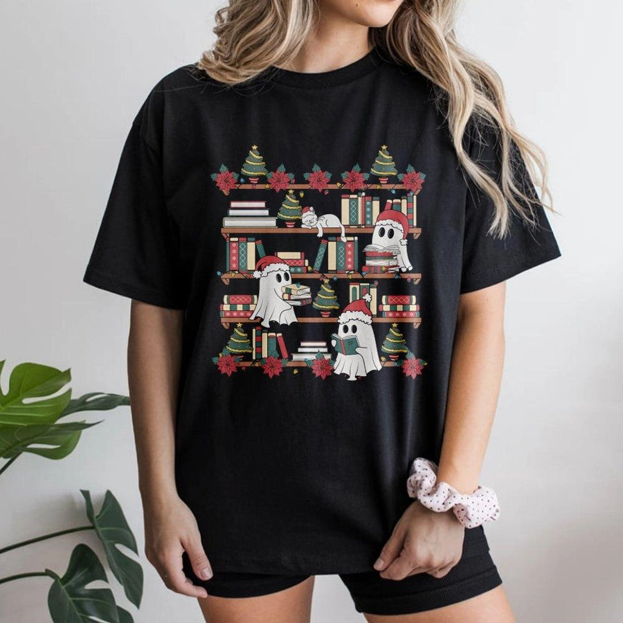 Christmas Ghost Bookshelf T-Shirt | Cute Spooky Reading Holiday Graphic Tee | 100% Cotton Premium Gift | Book Lover Festive Apparel for Adults