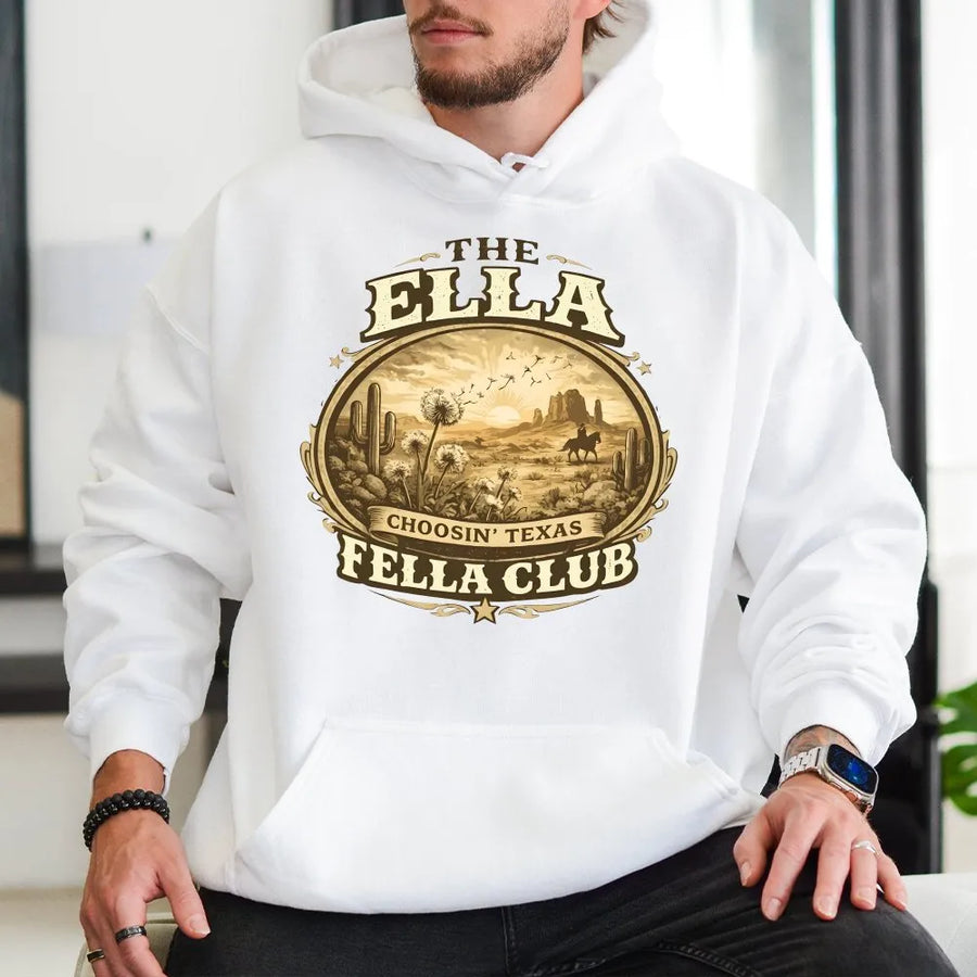Western Cowboy Hoodie | Vintage Ella Fella Club Texas Rodeo Graphic | Soft Cotton Blend | Unisex Oversized Country Apparel Gift