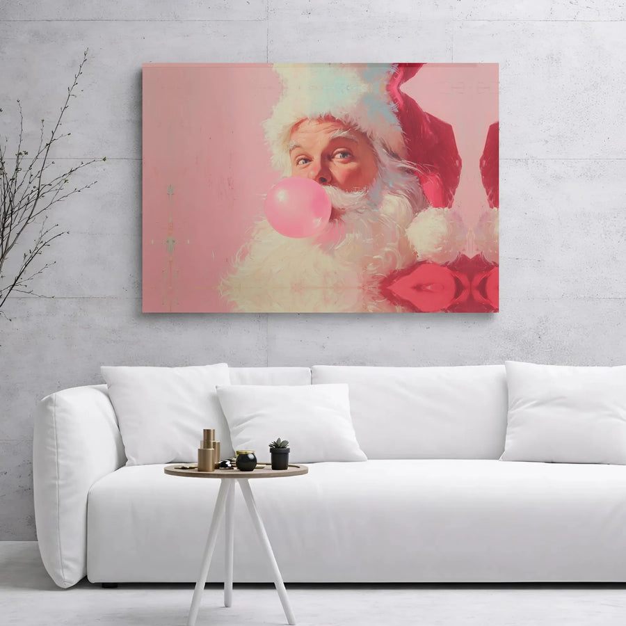 Santa Claus Canvas Wall Art | Bubble Gum Funny Holiday Portrait | Premium Gallery Wrap Print | Whimsical Christmas Decor for Home