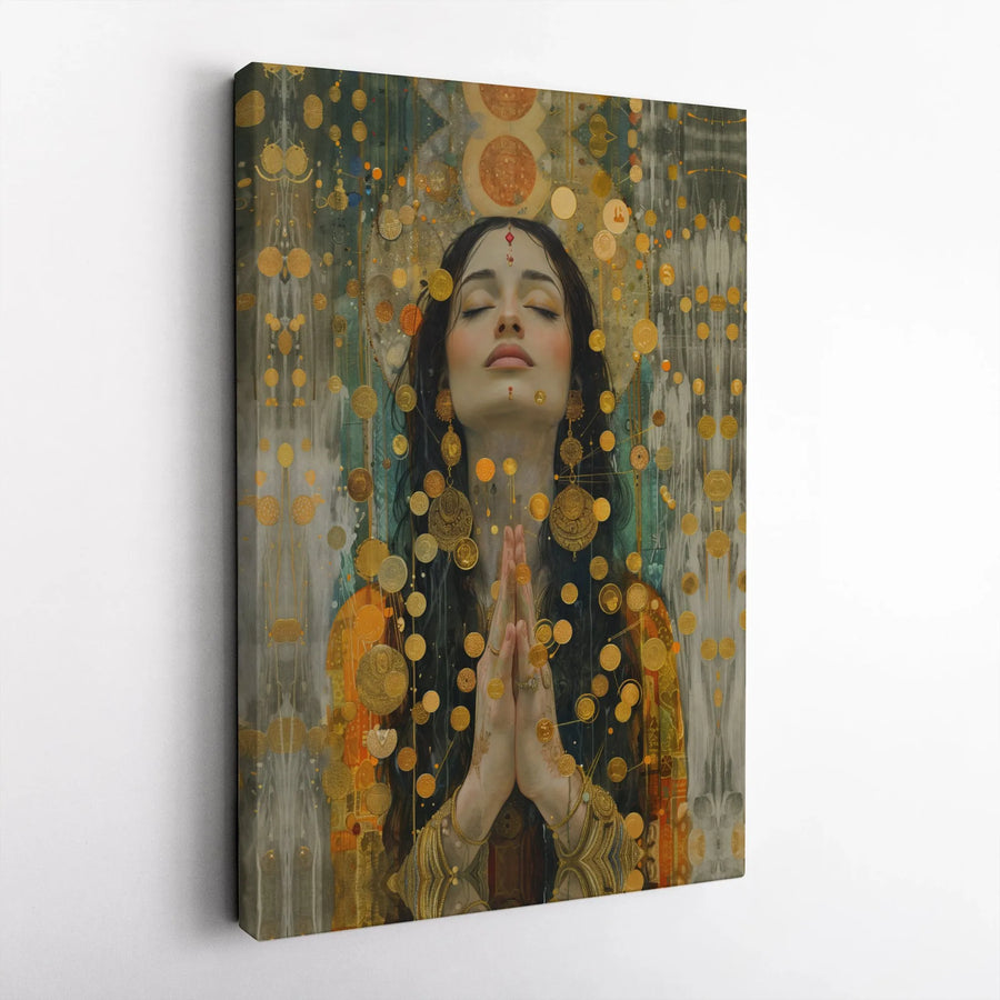 Spiritual Woman Prayer Canvas Print | Gold Coin Celestial Art | Gallery-Wrapped Premium Decor | Zen Meditation Wall Art Gift