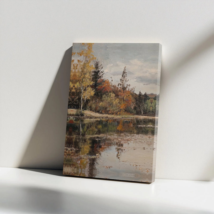 Autumn Landscape Canvas Wall Art | Golden River Reflection Forest | Gallery Wrapped Premium Decor | Nature Inspired Gift for Living Room