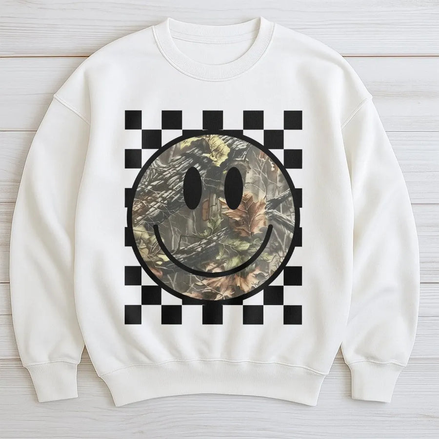 Camo Smiley Face Sweatshirt | Checkerboard Graphic Print | Soft Cotton Blend Crewneck | Unisex Western Gift for Country Music Lovers