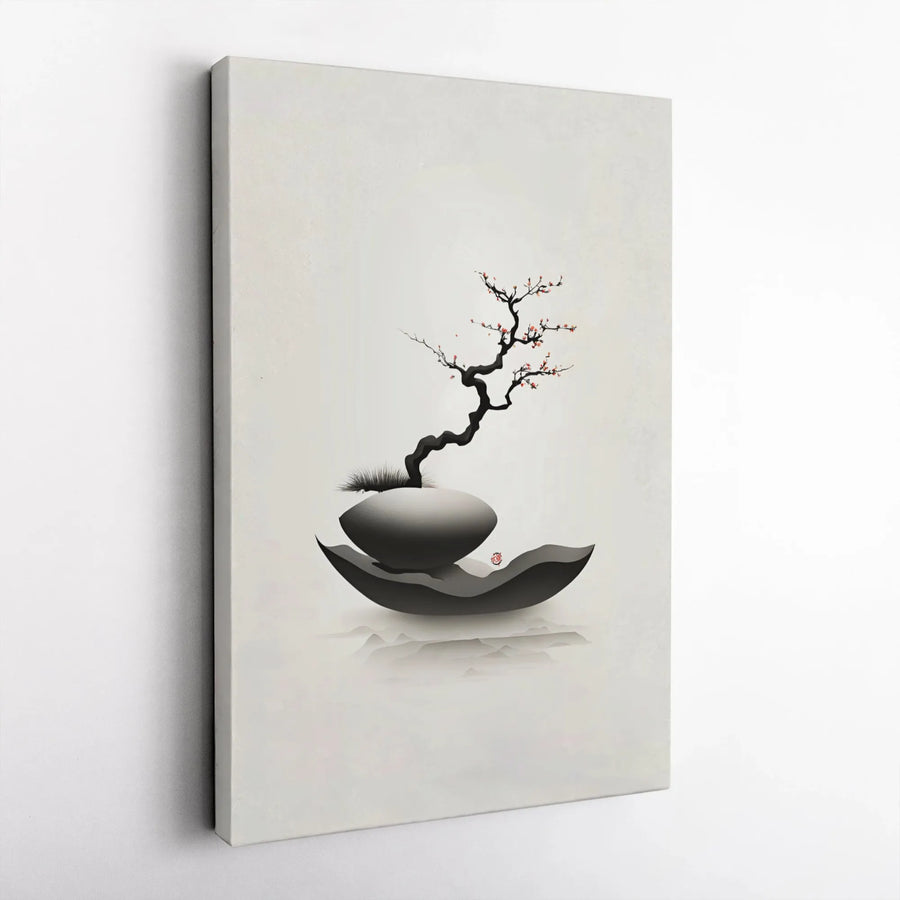 Japanese Bonsai Wall Art | Minimalist Sumi-e Cherry Blossom Canvas | Premium Gallery Wrap Decor | Zen Home Office Aesthetic Gift
