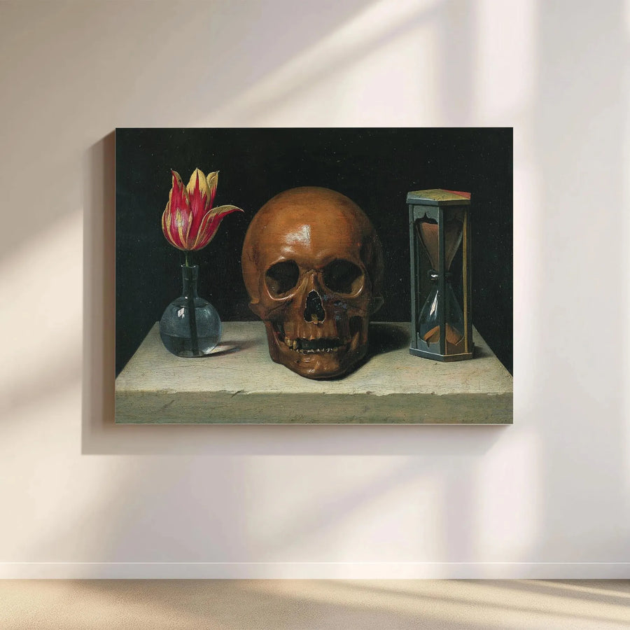 Vanitas Still Life Canvas Print | Skull Tulip & Hourglass Painting | Premium Gallery Quality Canvas | Dark Academia Gothic Home Decor Gift