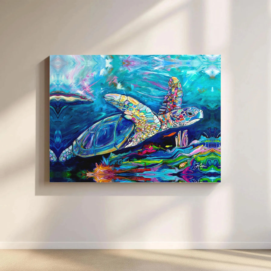Sea Turtle Canvas Wall Art | Abstract Ocean Painting Print | Premium Stretched Canvas | Coastal Home Decor Gift for Marine Life Lovers