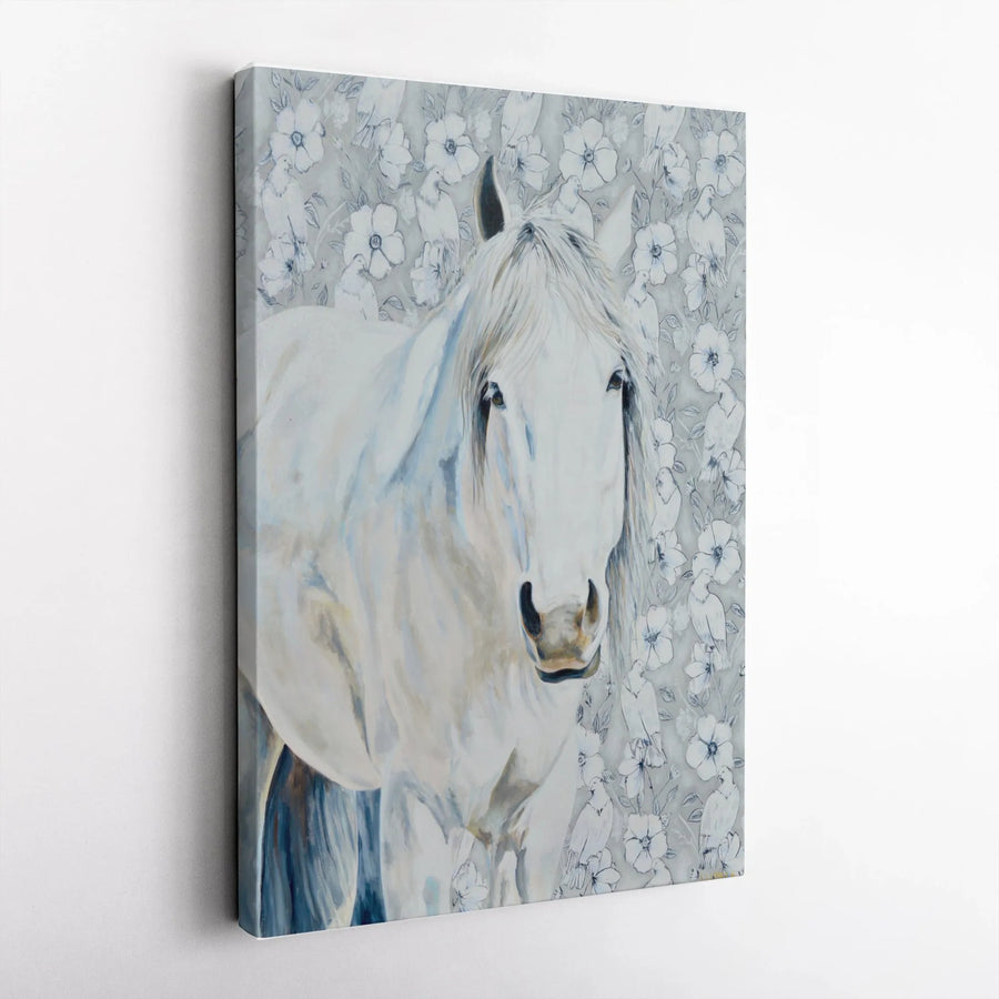 White Horse Canvas Wall Art | Watercolor Painting with Floral & Dove Pattern | Premium Gallery Wrapped Canvas | Equestrian Home Decor Gift