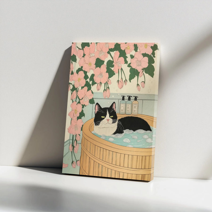 Japanese Cat Wall Art | Ukiyo-E Bathing Black Cat Print | Premium Gallery Wrap Canvas | Unique Gift for Cat Lovers & Home Decor