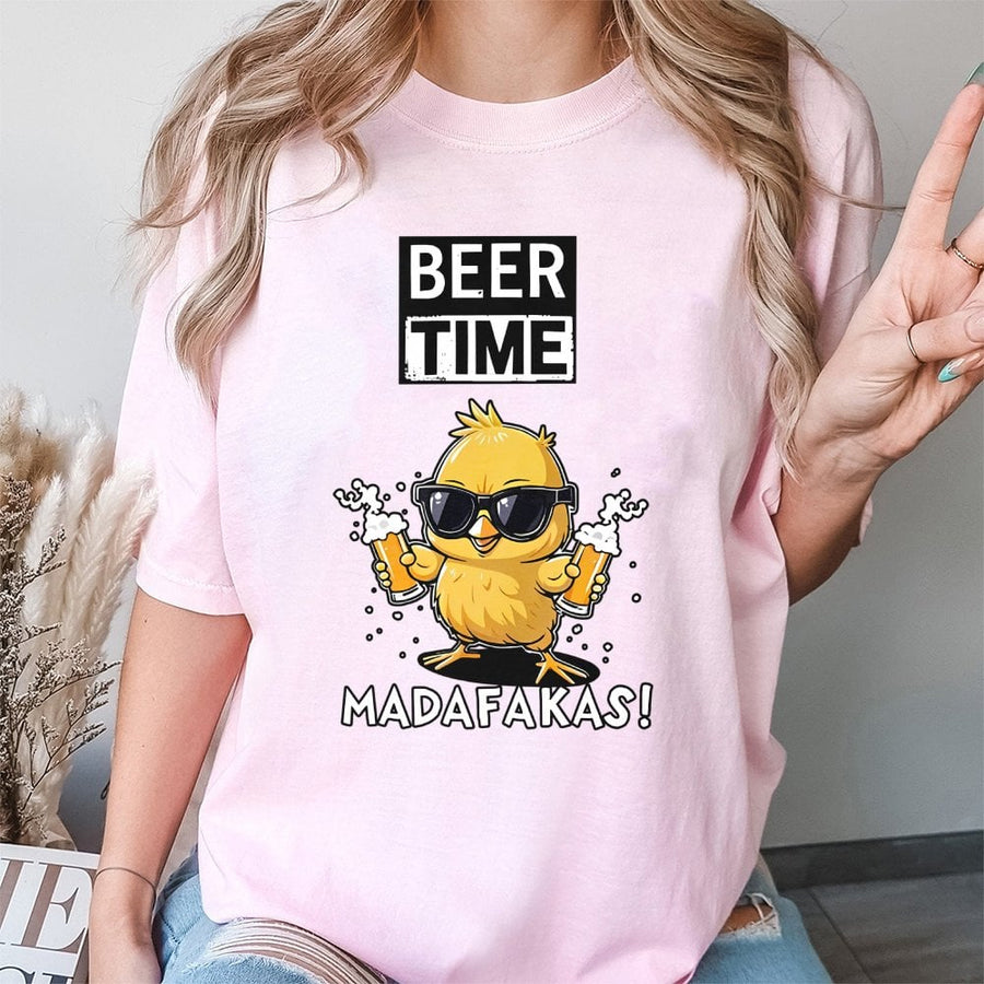 Beer Time Chick T-Shirt | Funny Chicken Drinking Beer Graphic | 100% Cotton Premium Tee | Unique Gift for Beer Lovers and Party Animals