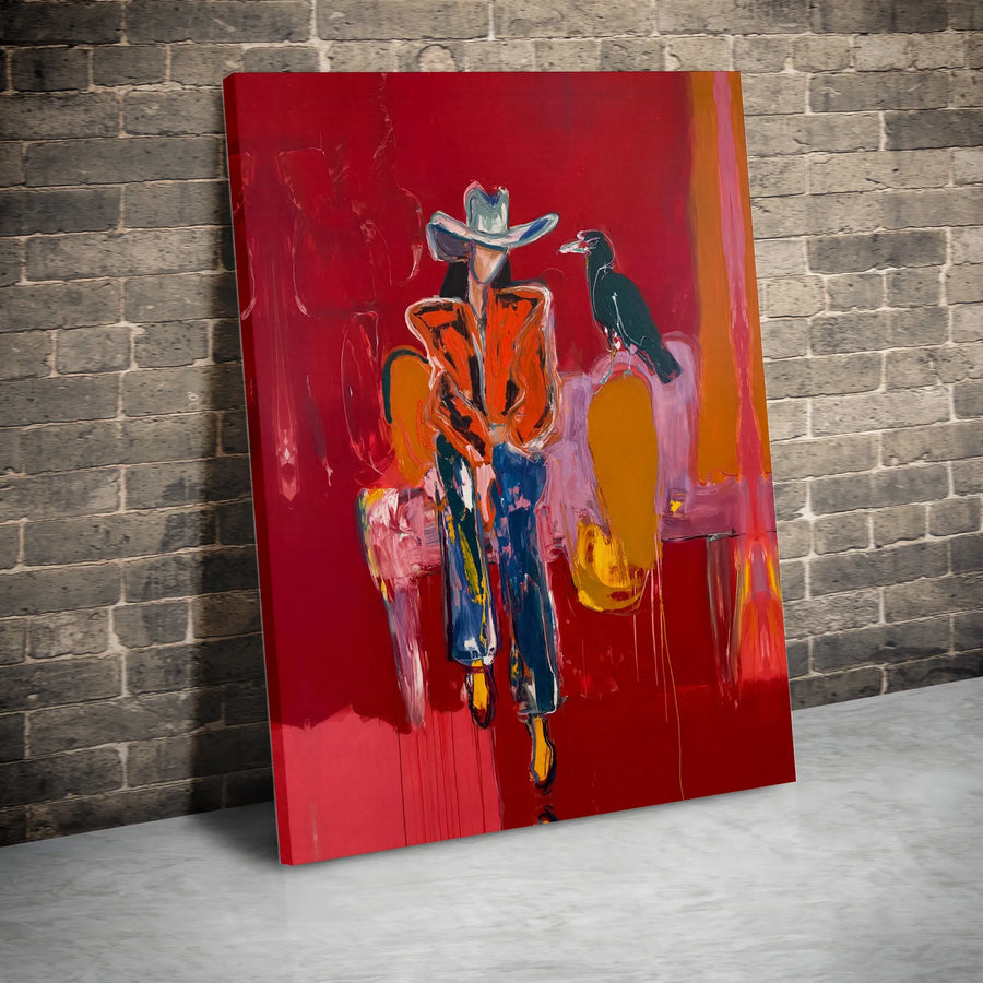 Abstract Cowboy Wall Art | Modern Western Cowgirl & Crow Painting | Premium Gallery Wrapped Canvas | Southwestern Living Room Decor Gift