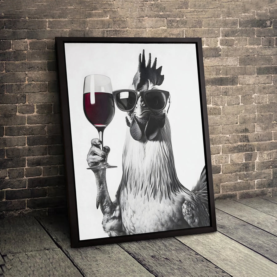 Cool Rooster Canvas Wall Art | Funny Chicken Drinking Wine Portrait | Premium Gallery Wrap Print | Whimsical Kitchen & Bar Decor