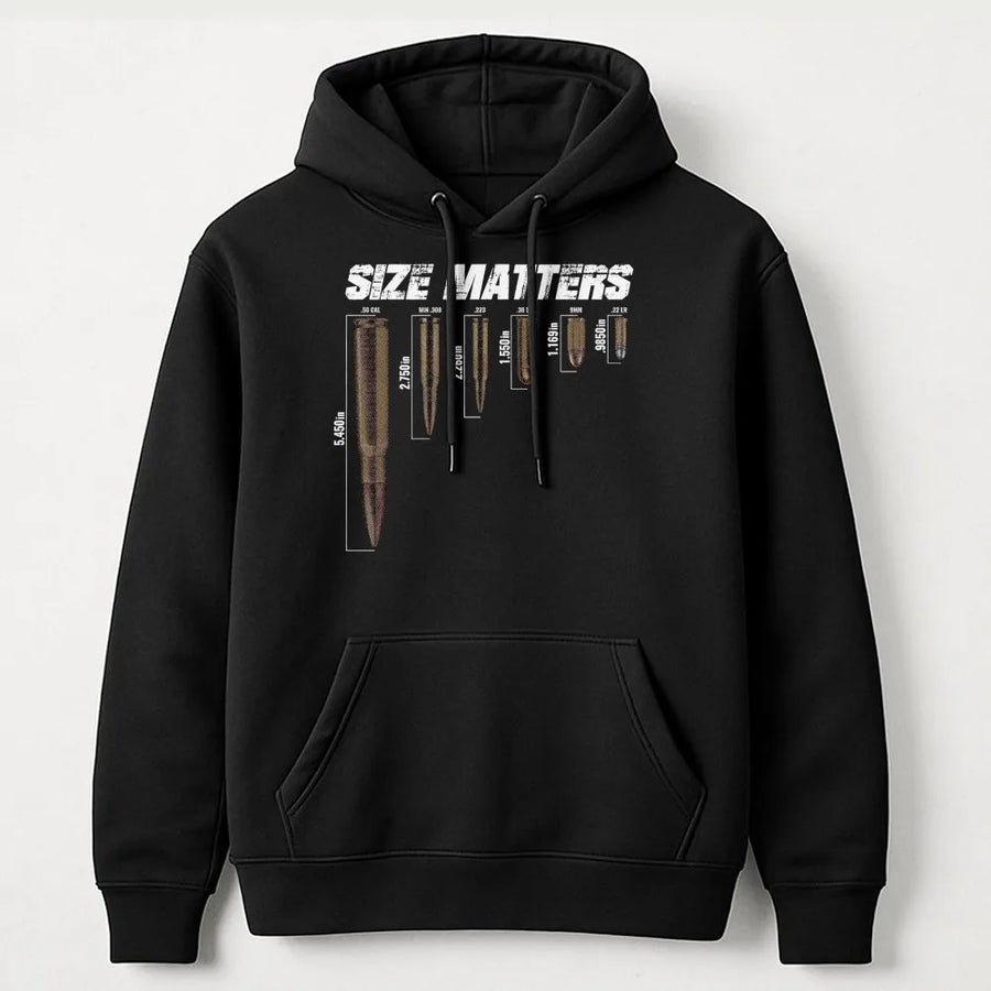 Size Matters Bullet Chart Hoodie | Firearms Enthusiast Graphic Apparel | Premium Cotton Blend Comfort | Patriotic Gift For Shooters & Gun Owners