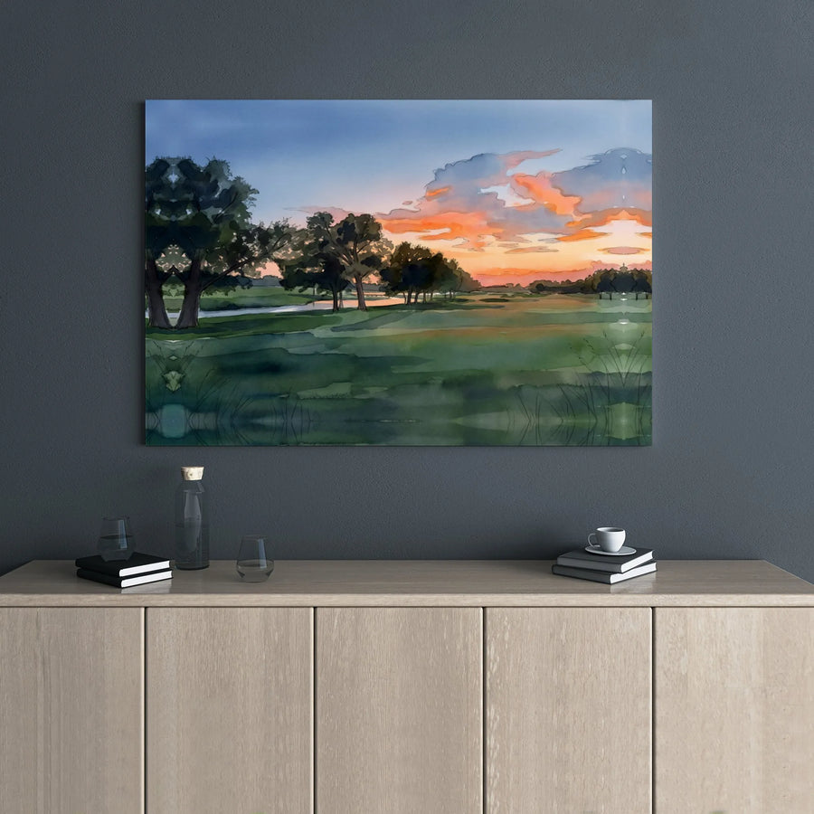 Golf Course Landscape Canvas | Watercolor Sunset Art Print | Premium 1.25 Inch Gallery Wrap | Sports Home Decor Gift for Him