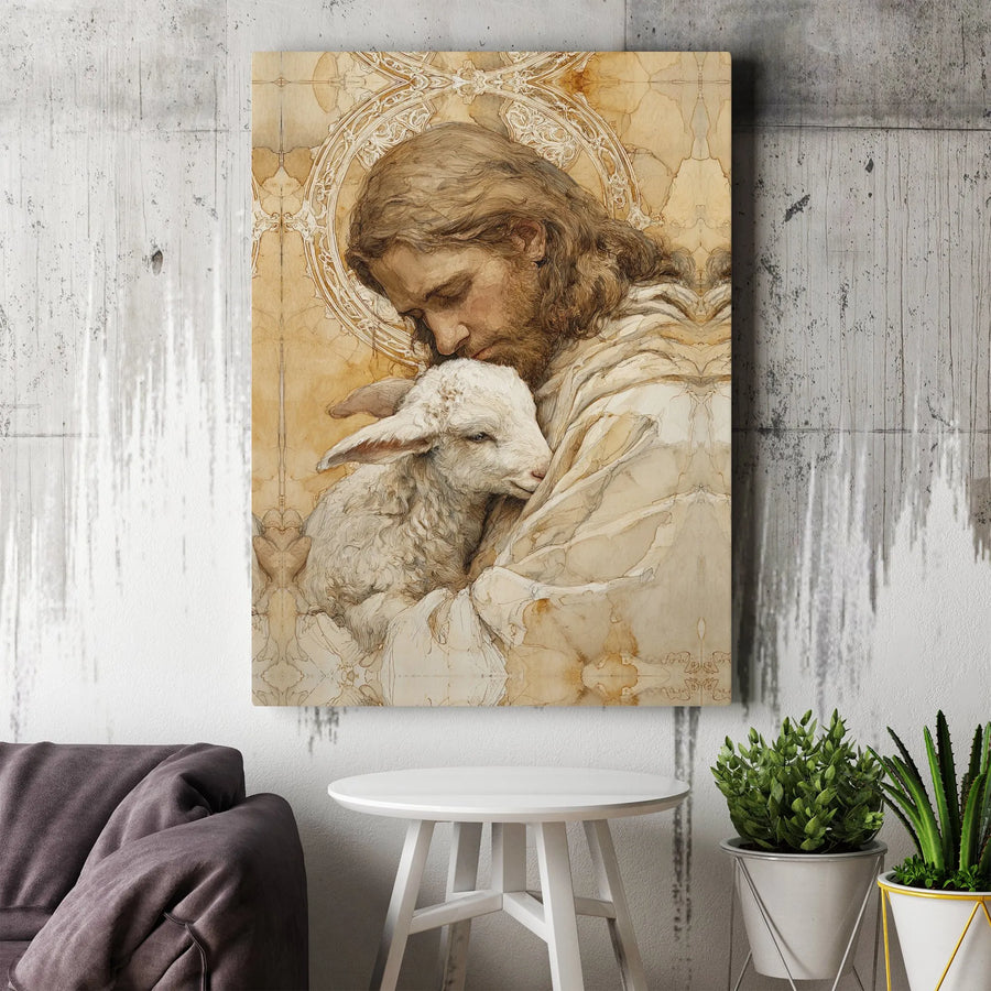 Jesus With Lamb Canvas Wall Art | Shepherd Christ Religious Painting | Premium Gallery Wrap Print | Christian Home Decor Gift