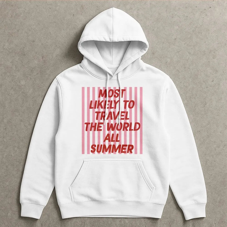 Most Likely To Travel Hoodie | Funny Summer Vacation Graphic Sweatshirt | Cozy Cotton Blend | Gift for World Traveler, Matching Group Trip Outfit