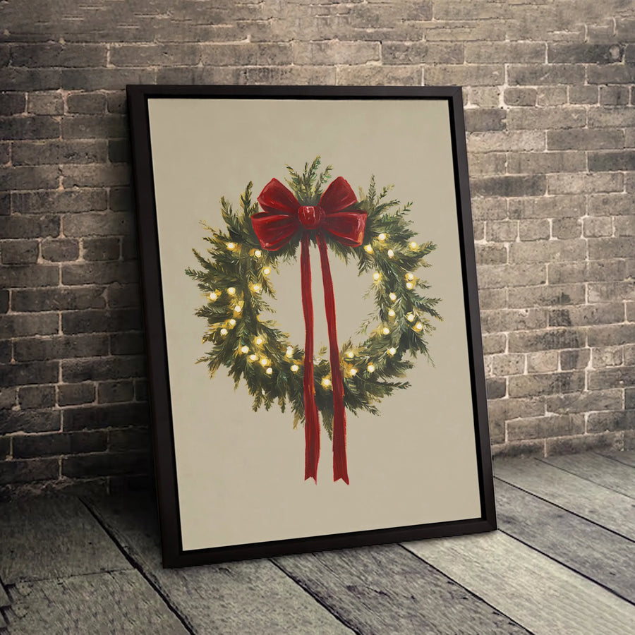Christmas Wreath Canvas Print | Illuminated Holiday Wall Art with Red Bow | Premium 1.25" Gallery Wrap | Festive Home Decor Gift