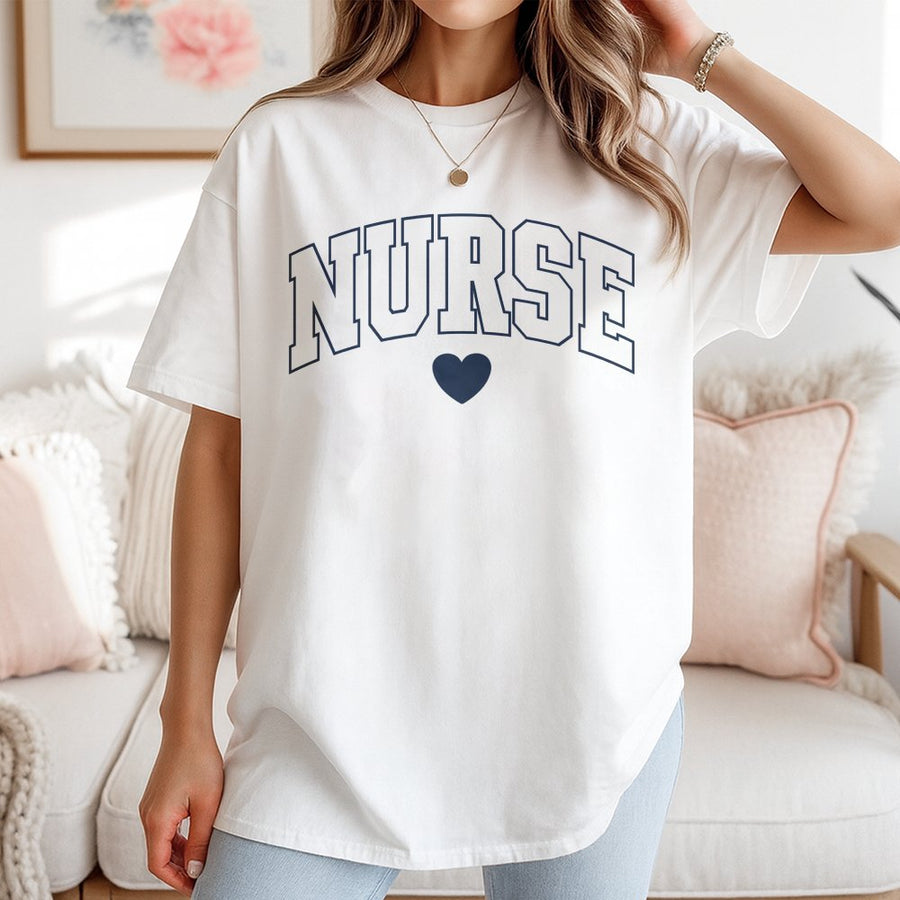 Nurse T-Shirt | Varsity Lettering Heart Design | 100% Soft Cotton Tee | Premium Nursing School Gift For Her & Future RNs
