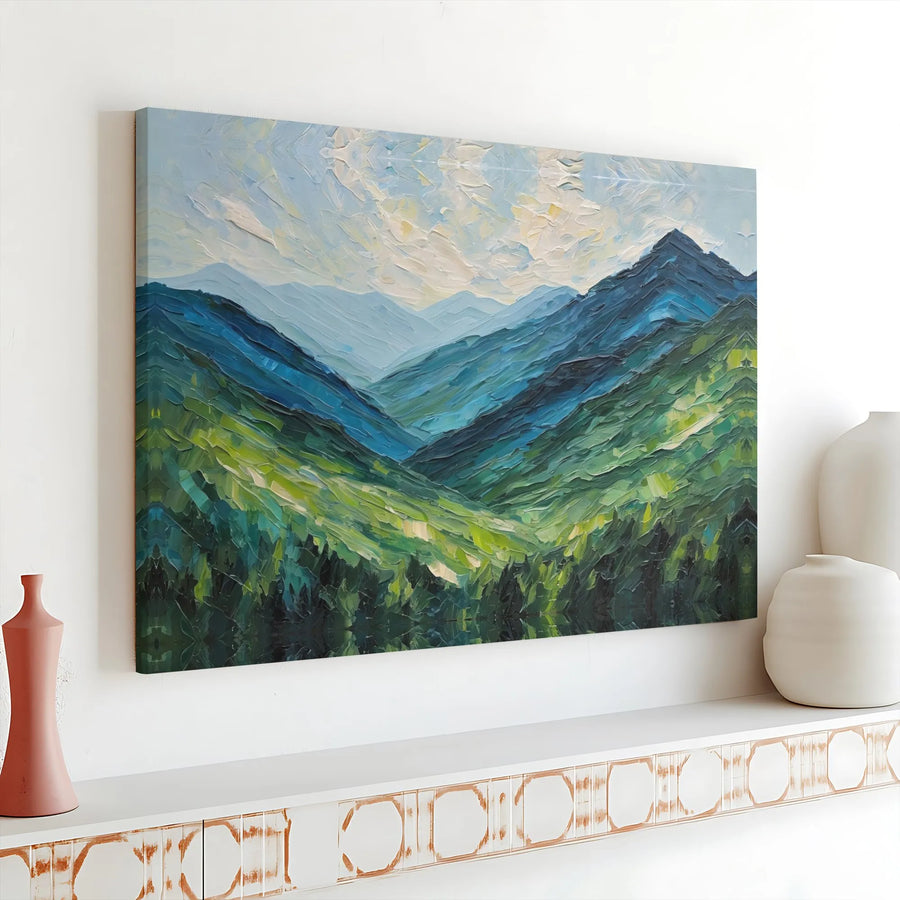 Mountain Landscape Canvas Wall Art | Impasto Oil Painting Style | Premium 1.25 Inch Gallery Wrap | Nature Home Decor Gift for Living Room