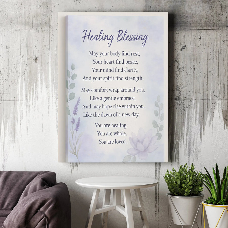 Healing Blessing Poem Canvas | Watercolor Lavender and Lotus Wall Art | Premium Gallery Wrapped Decor | Sympathy Gift for Mental Health Recovery