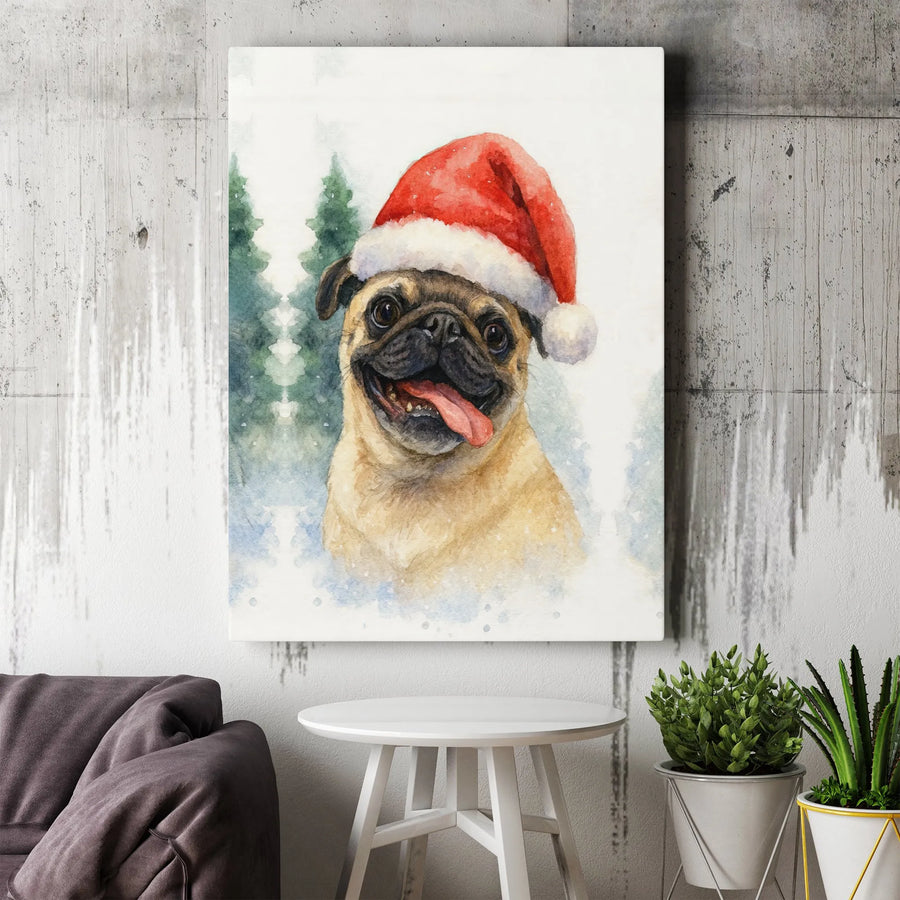 Watercolor Christmas Pug Canvas Art | Festive Puppy in Santa Hat Wall Decor | Gallery Wrapped Premium Print | Holiday Gift for Dog Lovers