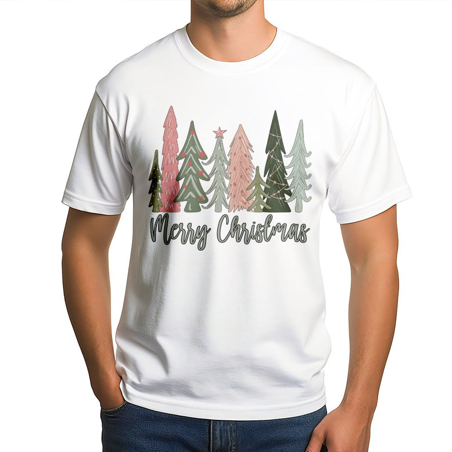 Merry Christmas Tree T-Shirt | Boho Pine Forest Graphic | Soft 100% Cotton Premium Tee | Festive Holiday Gift for Women & Men