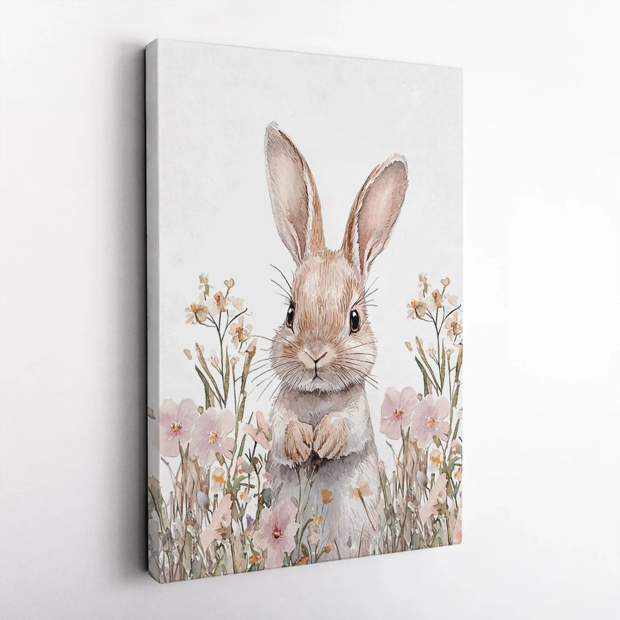 Watercolor Bunny Rabbit Canvas Print | Floral Woodland Nursery Wall Art | 1.25-Inch Premium Gallery Wrap | Nature-Inspired Home Decor Gift