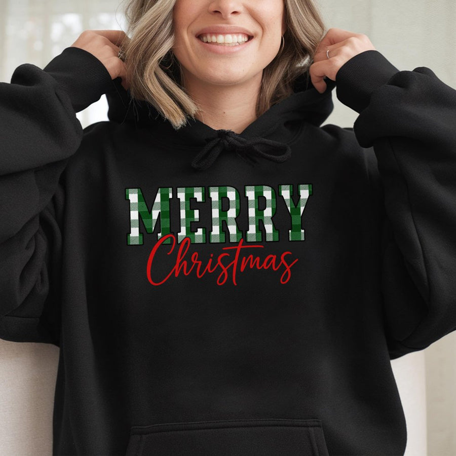 Merry Christmas Hoodie | Green Buffalo Plaid Festive Graphic | Cotton-Poly Blend Premium Apparel | Holiday Gift for Women and Men