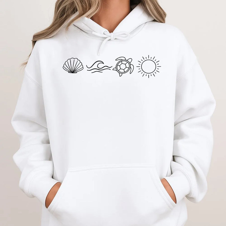 Minimalist Beach Hoodie | Sea Shell, Wave, Turtle & Sun Icons | Soft Cotton Blend Pullover | Cute Summer Vacation Gift for Women
