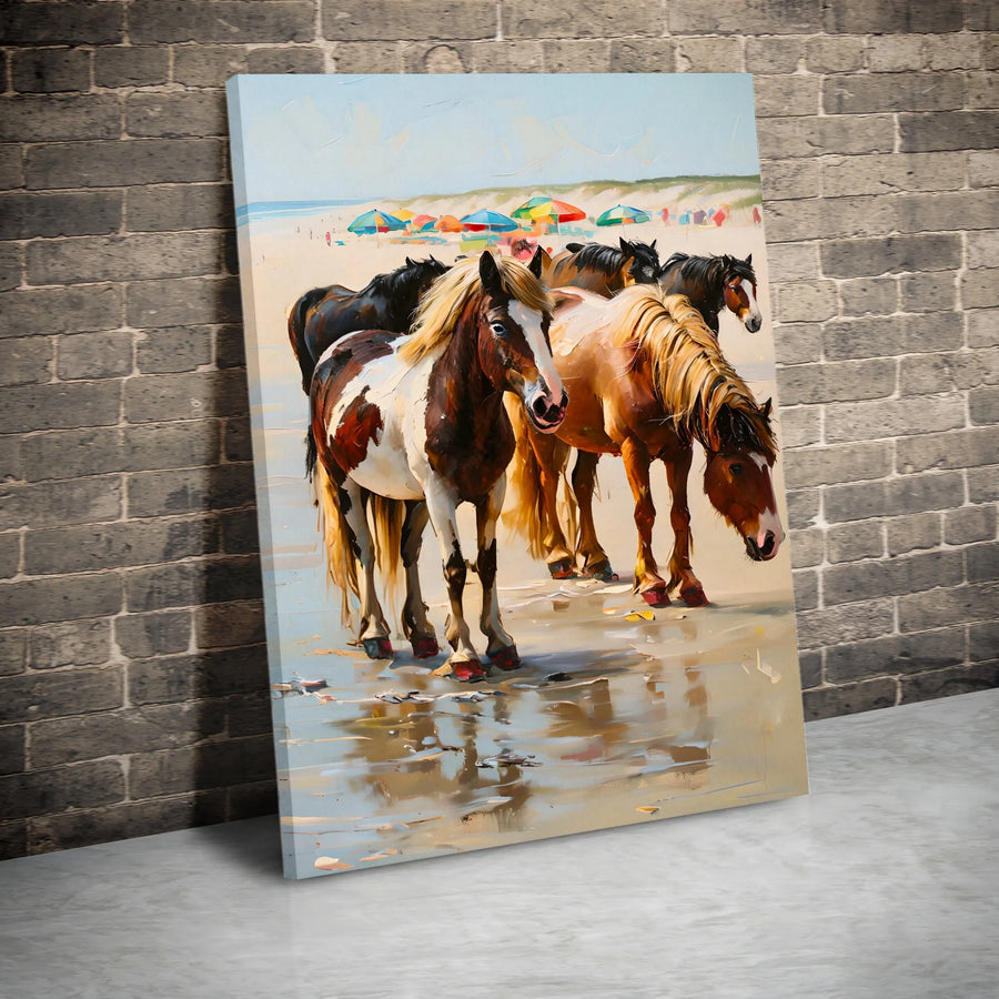Wild Horses on Beach Vertical Canvas | Coastal Equestrian Impasto Style Art | Premium Gallery Wrapped Print | Home Decor Gift for Horse Lover