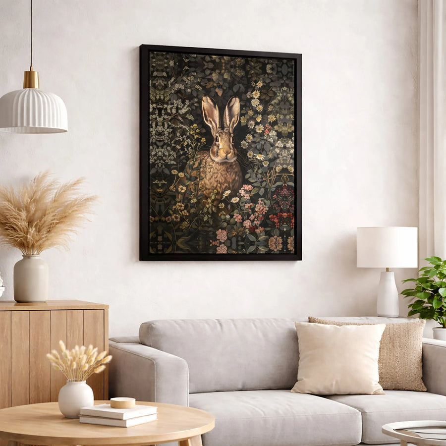 Rabbit Wall Art | Dark Botanical Wildflower Garden Print | Gallery-Quality Canvas Decor | Nature Lover Home Gift