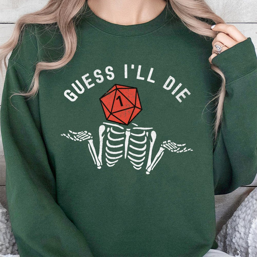 Guess I'll Die D20 Sweatshirt | Funny Skeleton Shrugging RPG Design | Premium Cotton Blend | Gift for Tabletop Gamers and Dungeon Masters