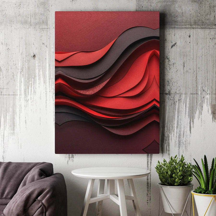 Abstract Red and Black Canvas Wall Art | Modern 3D Textured Wave Design | Premium Gallery Wrapped Print | Contemporary Home Decor Gift