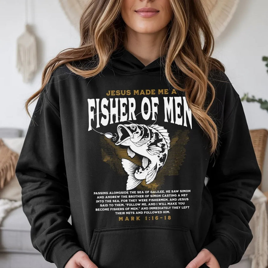 Fisher Of Men Hoodie | Christian Fishing Bible Verse Mark 1:16-18 | Premium Cotton Blend | Religious Faith Gift For Fisherman Men & Women