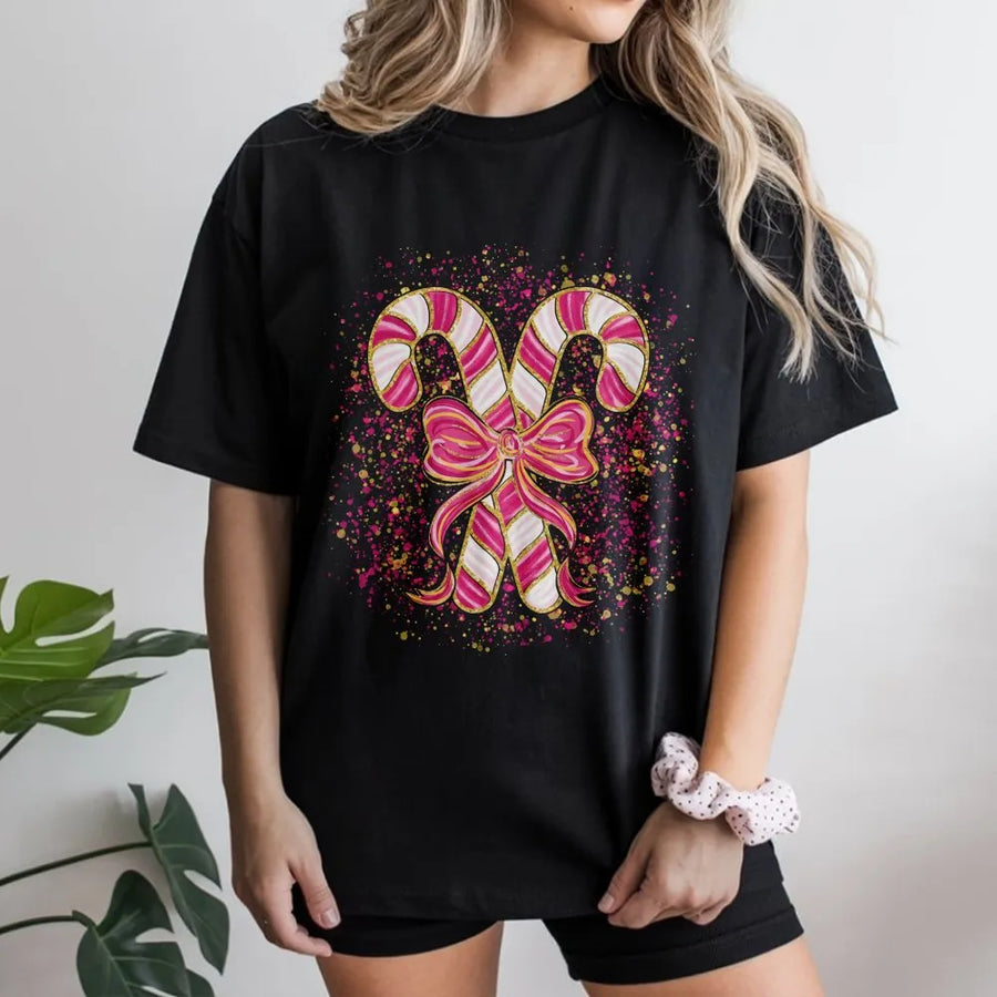 Pink Candy Cane Christmas T-Shirt | Coquette Aesthetic Bow Graphic | Premium Soft Cotton Holiday Tee | Trendy Preppy Xmas Gift for Women