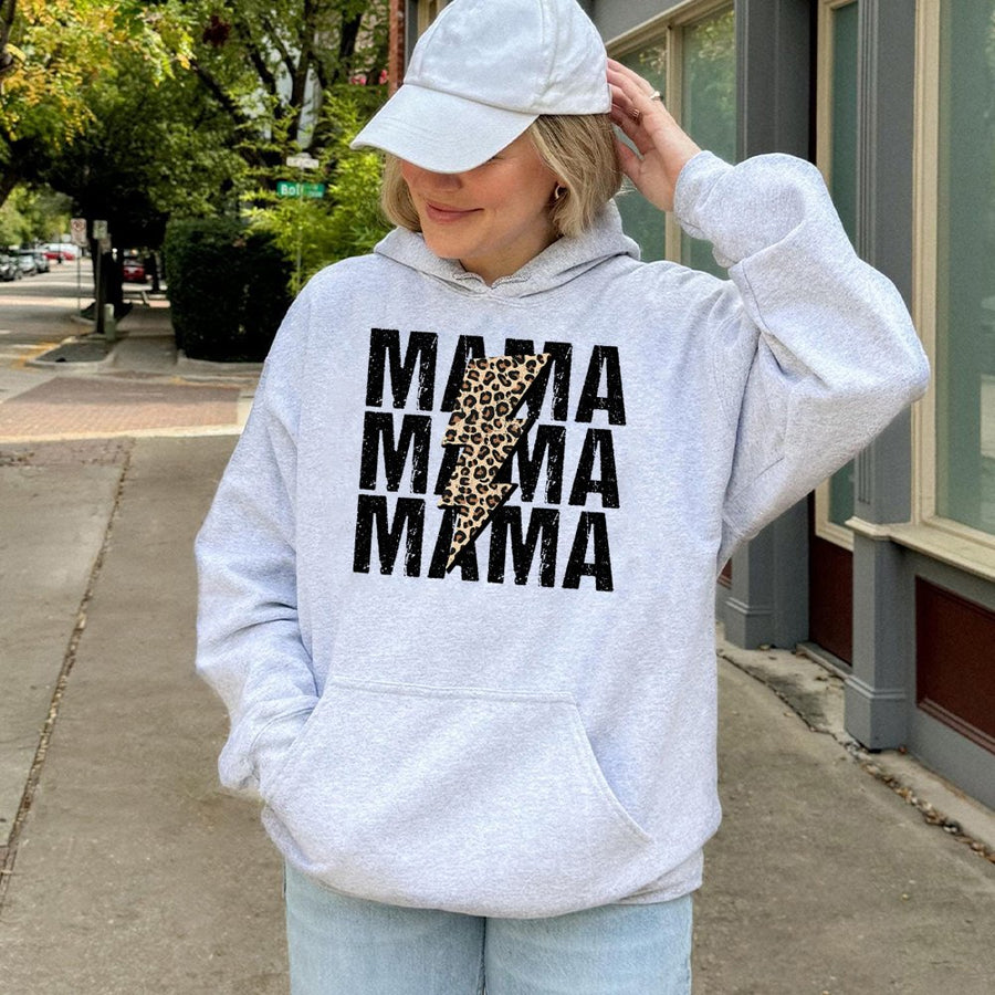 Mama Hoodie Leopard Lightning Bolt | Distressed Graphic Print | Cotton-Blend Premium Comfort | Unique Mother's Day 2026 Gift for Mom