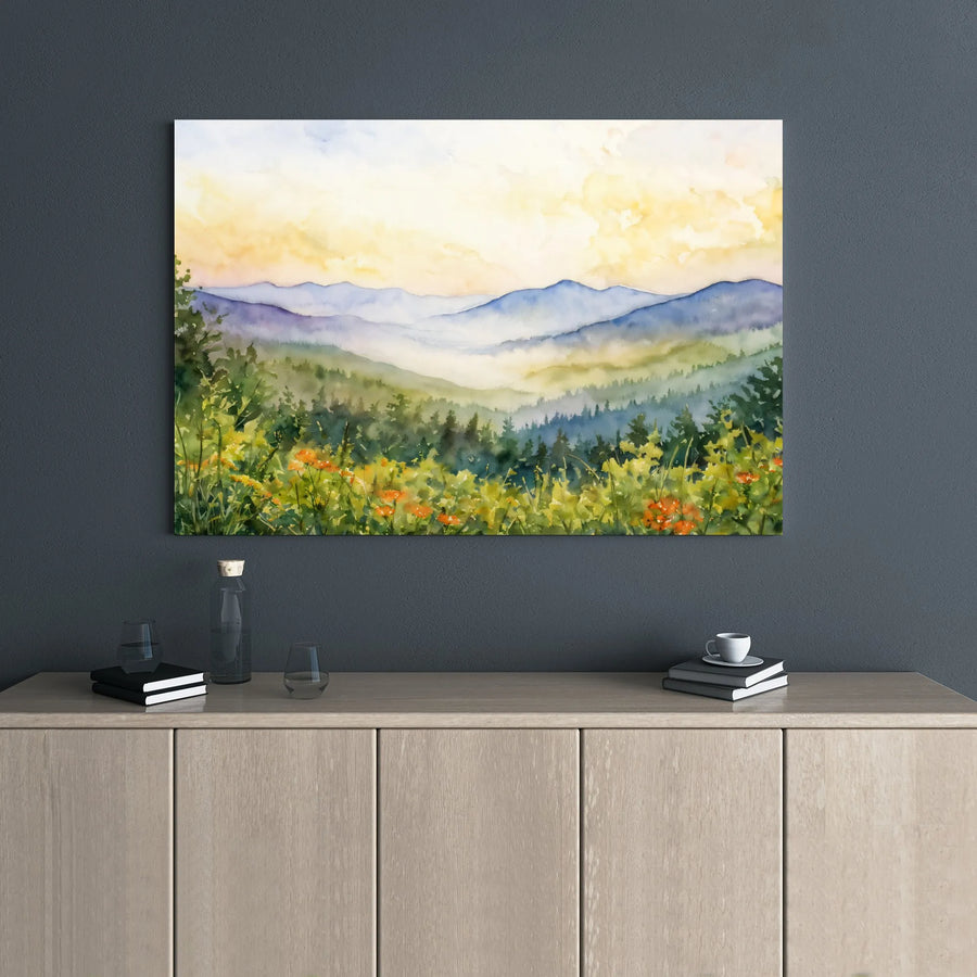Watercolor Mountain Landscape Canvas | Misty Valley And Wildflower Print | Premium 1.25-Inch Gallery Wrap | Serene Nature Wall Art Decor