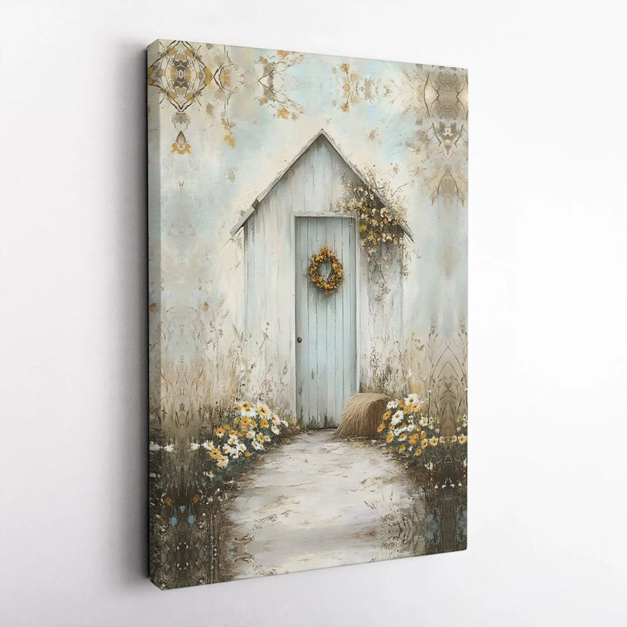 Rustic Farmhouse Canvas Print | Country Shed with Wildflower Wreath | Premium Gallery Wrapped Canvas | Modern Farmhouse Decor Gift