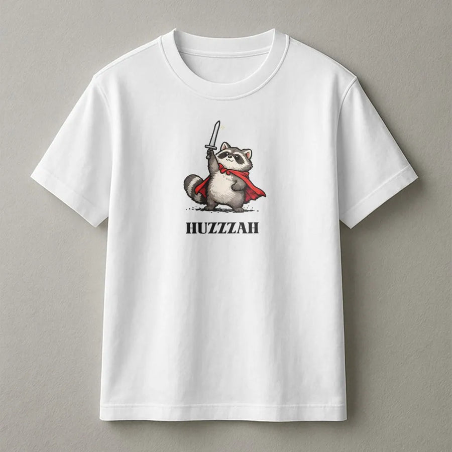 Raccoon Knight Graphic Tee | Huzzzah Medieval Warrior Humor | Soft Cotton Shirt | Funny Meme Aesthetic Gift for Fantasy Fans