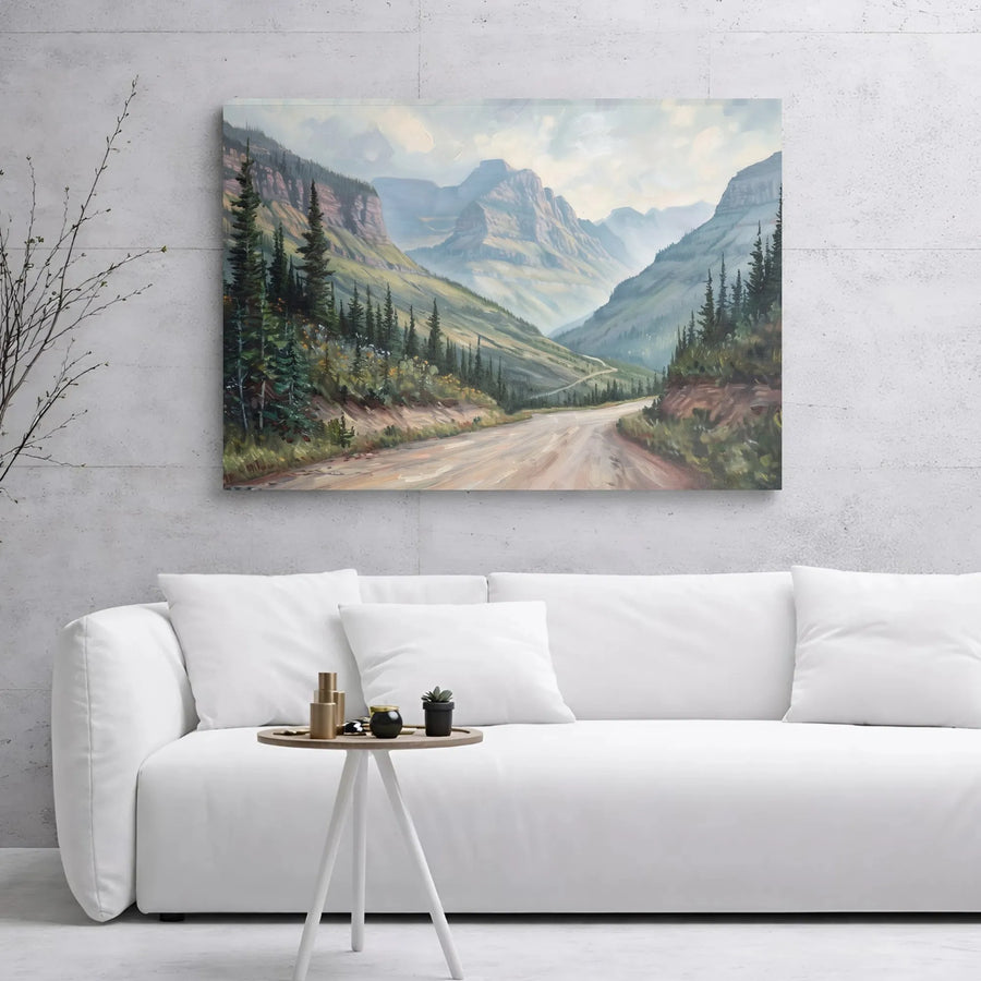Mountain Valley Landscape Canvas Print | Winding Road Oil Painting Style | 1.25" Gallery Wrap Premium Art | Rustic Nature Home Decor Gift