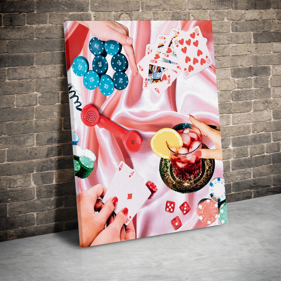 Poker Night Canvas Wall Art | Retro Casino Aesthetic Collage with Cards and Cocktail | Gallery-Wrapped Premium Decor | Gift for Poker Player