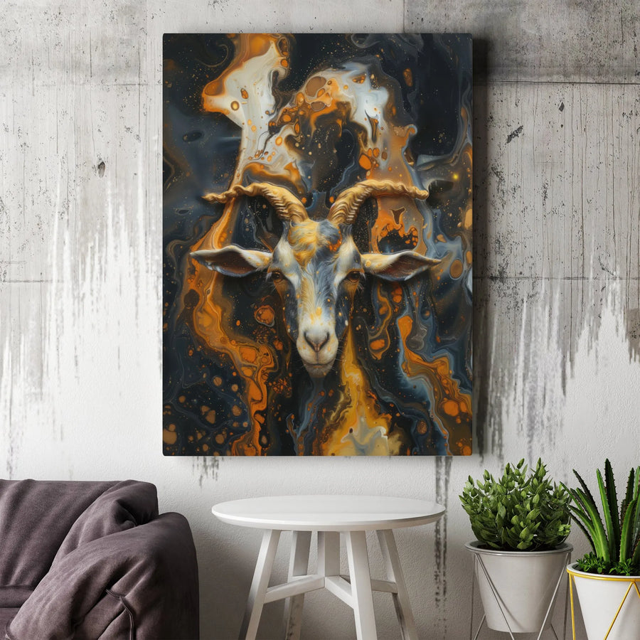 Abstract Goat Head Vertical Canvas | Fluid Marble Animal Art Print | Premium 1.25" Thick Gallery Wrap | Modern Farmhouse Office Decor Gift